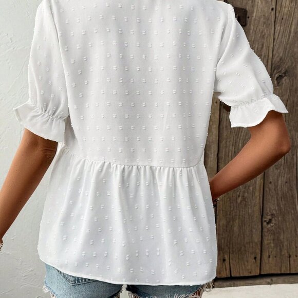White Cute Women's V-Neck Puff Sleeve Blouse - Picture 2 of 7